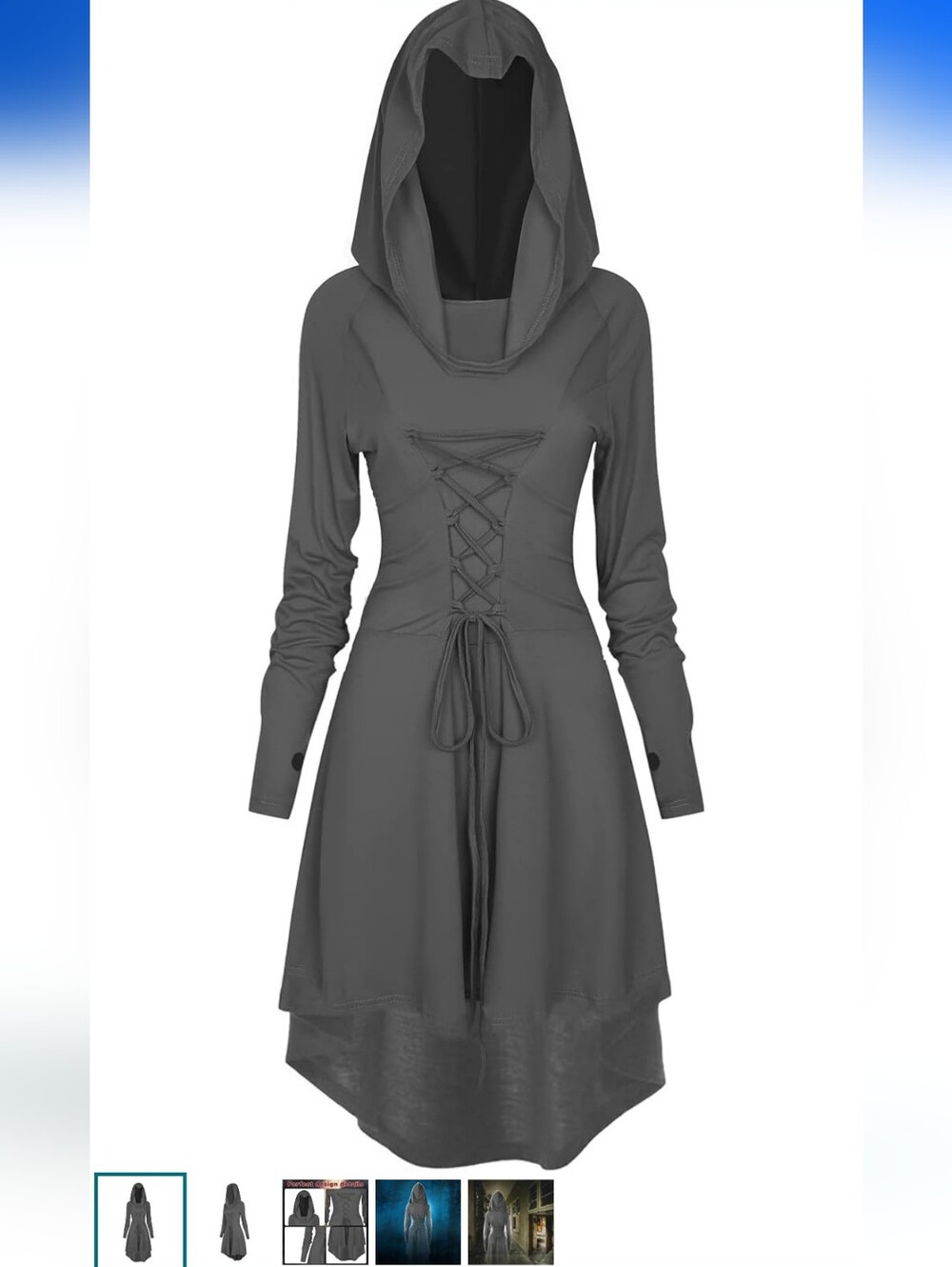 Hooded Lace-Up Long Sleeve High-Low Dress - Gray